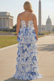 A Line White Blue Floral Basque Waist Corset Tiered Long Plus Size Ball Dress with Slit