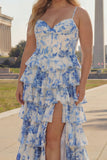 A Line White Blue Floral Basque Waist Corset Tiered Long Plus Size Ball Dress with Slit