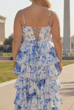 A Line White Blue Floral Basque Waist Corset Tiered Long Plus Size Ball Dress with Slit
