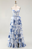 A Line White Blue Floral Basque Waist Corset Tiered Long Plus Size Ball Dress with Slit