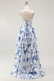 A Line White Blue Floral Basque Waist Corset Tiered Long Plus Size Ball Dress with Slit