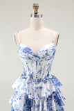 White Blue Floral Corset A Line Tiered Ball Dress