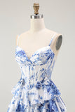 White Blue Floral Corset A Line Tiered Ball Dress