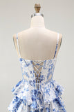 White Blue Floral Corset A Line Tiered Ball Dress