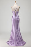Purple Mermaid Corset Spaghetti Straps Beaded Long Prom Dress with Slit