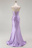 Purple Mermaid Corset Beaded Long Ball Dress with Slit