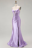 Purple Mermaid Corset Beaded Long Ball Dress with Slit