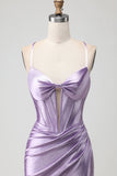 Purple Mermaid Corset Spaghetti Straps Beaded Long Prom Dress with Slit