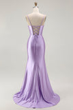 Purple Mermaid Corset Ruched Long Ball Dress with Ruffled Slit