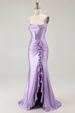 Purple Mermaid Corset Ruched Long Ball Dress with Ruffled Slit