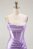 Purple Mermaid Corset Ruched Long Ball Dress with Ruffled Slit