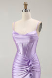 Purple Mermaid Corset Ruched Long Ball Dress with Ruffled Slit
