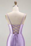 Purple Mermaid Corset Ruched Long Ball Dress with Ruffled Slit
