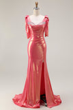 Metallic Coral Beaded Mermaid Ruched Long Ball Dress with Slit
