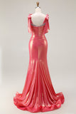Metallic Coral Beaded Mermaid Ruched Long Ball Dress with Slit