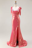 Metallic Coral Beaded Mermaid Ruched Long Ball Dress with Slit