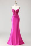 Fuchsia Mermaid Sweetheart Pleated Corset Sequin Long Prom Dress with Lace Up Back
