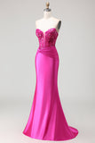 Fuchsia Mermaid Sweetheart Pleated Corset Sequin Long Prom Dress with Lace Up Back