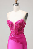 Fuchsia Mermaid Sweetheart Pleated Corset Sequin Long Prom Dress with Lace Up Back