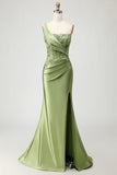 Green Mermaid One Shoulder Beaded Appliqued Corset Ruched Long Prom Dress with Slit