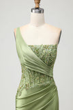 Green Mermaid One Shoulder Beaded Appliqued Corset Ruched Long Prom Dress with Slit