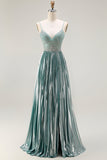 Metallic Grey Green A Line Pleated Beaded Ball Dress with Slit