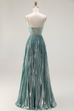 Metallic Grey Green A Line Pleated Beaded Ball Dress with Slit