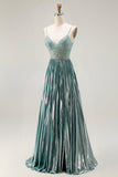 Metallic Grey Green A Line Pleated Beaded Ball Dress with Slit