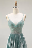 Metallic Grey Green A Line Pleated Beaded Ball Dress with Slit