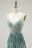 Metallic Grey Green A Line Pleated Beaded Ball Dress with Slit