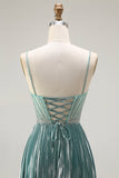 Metallic Grey Green A Line Pleated Beaded Ball Dress with Slit