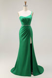 Dark Green One Shoulder Mermaid Beaded Long Ball Dress With Slit