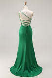 Dark Green One Shoulder Mermaid Beaded Long Ball Dress With Slit