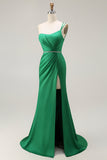 Dark Green One Shoulder Mermaid Beaded Long Ball Dress With Slit