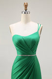 Dark Green One Shoulder Mermaid Beaded Long Ball Dress With Slit