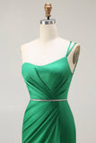 Dark Green One Shoulder Mermaid Beaded Long Ball Dress With Slit
