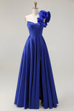 Royal Blue One Shoulder Corset A Line Satin Long Ball Dress with Slit