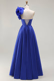 Royal Blue One Shoulder Corset A Line Satin Long Ball Dress with Slit