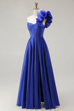 Royal Blue One Shoulder Corset A Line Satin Long Ball Dress with Slit