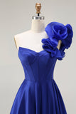 Royal Blue One Shoulder Corset A Line Satin Long Ball Dress with Slit