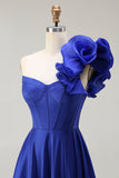 Royal Blue One Shoulder Corset A Line Satin Long Ball Dress with Slit