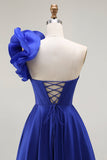 Royal Blue One Shoulder Corset A Line Satin Long Ball Dress with Slit