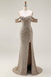 Sparkly Champagne Off the Shoulder Mermaid Ball Dress with Slit