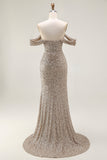 Sparkly Champagne Off the Shoulder Mermaid Ball Dress with Slit