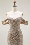 Sparkly Champagne Off the Shoulder Mermaid Ball Dress with Slit