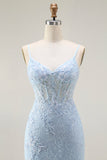Blue Mermaid Spaghetti Straps Corset Lace Beaded Long Ball Dress with Slit