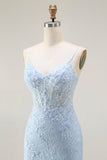 Blue Mermaid Spaghetti Straps Corset Lace Beaded Long Ball Dress with Slit