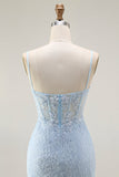 Blue Mermaid Spaghetti Straps Corset Lace Beaded Long Ball Dress with Slit