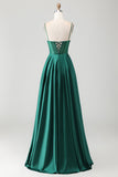 Dark Green A Line Beaded Corset Ruched Satin Long Prom Dress with Lace Up Back
