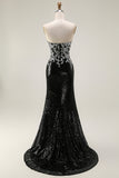 Sparkly Black Silver Mermaid Strapless Sequin Corset Strapless Long Ball Dress